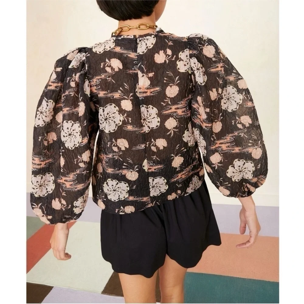 Ulla Johnson Eliza Blouse‎ Onyx Silk Blend Puff Sleeve Floral Top Size 4 Small